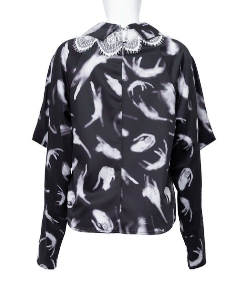 Feather Print Lace Collar Blouse